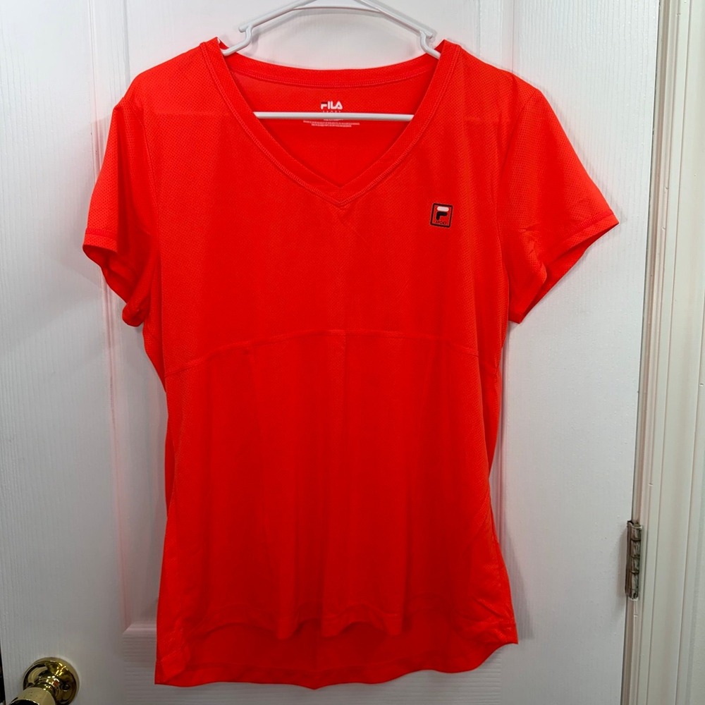 FILA neon pink orange dry fit short sleeve v-neck active athletic shirt sport XL